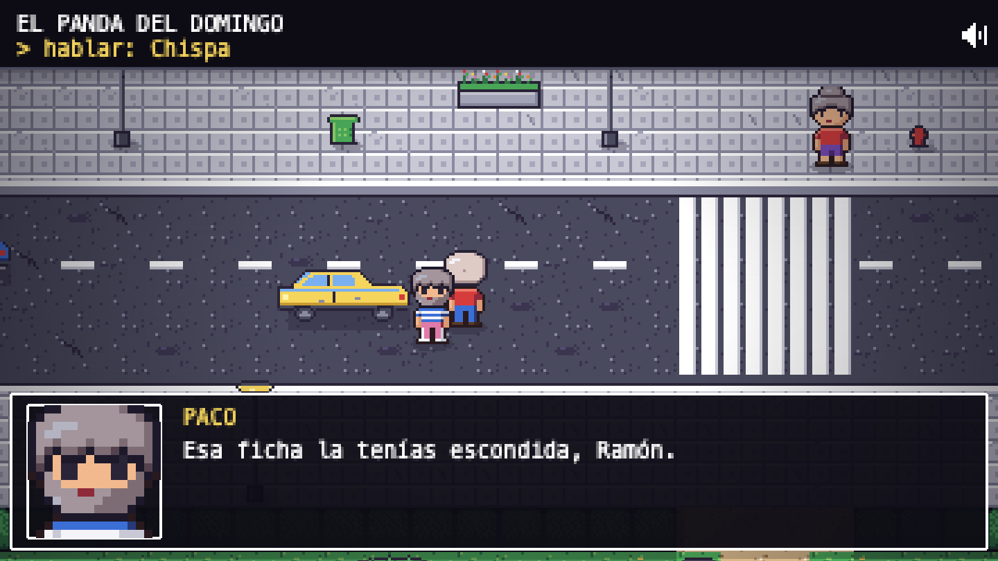 El protagonista habla con su amigo junto a su coche en una calle de pixel art.