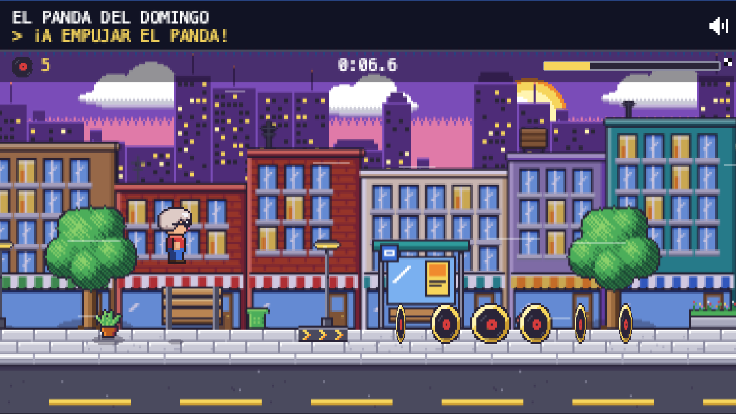 Minijuego de carrera lateral por una ciudad pixelada.